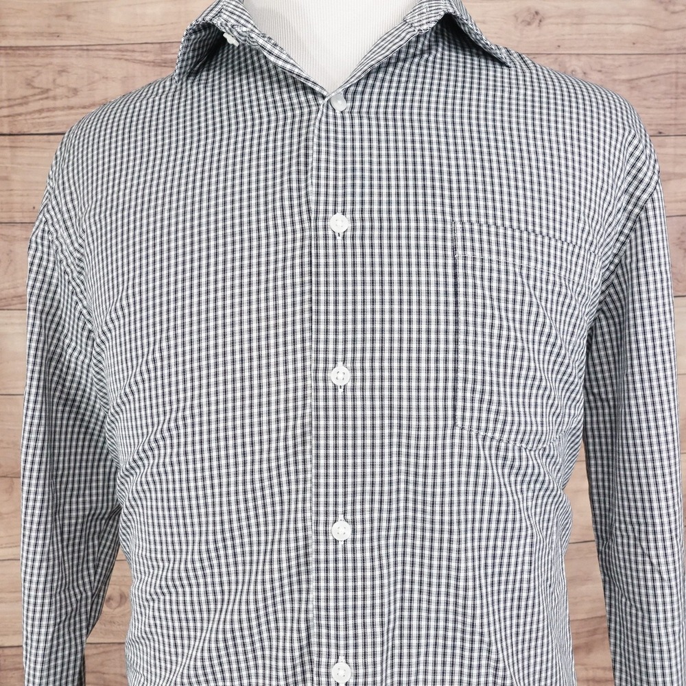Van Heusen Shirt Mens Large Black White Plaid Flex Stretch Button Up L/S -I1